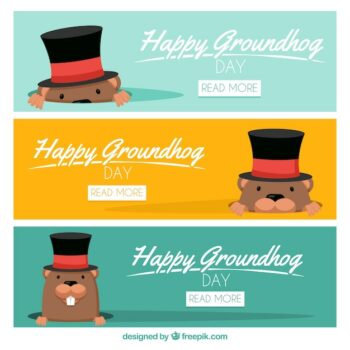 Free Vector | Set of lovely groundhog banners with hat
