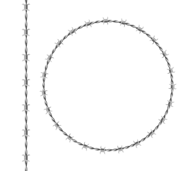 Free Vector | Steel barbwire set, circle frame from twisted wire with barbs isolated on white background. realistic seamless border of metal chain with sharp thorns for prison fence, military boundary