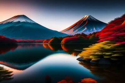 Free Photo | A digital painting of a mountain with a colorful tree in the foreground