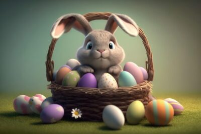 Free Photo | Happy bunny with many easter eggs on grass festive background for decorative design