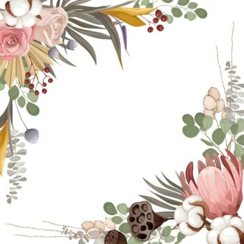 Free Vector | Boho dried flowers composition with empty space surrounded by fresh leaves and flowers with ripe leaves illustration