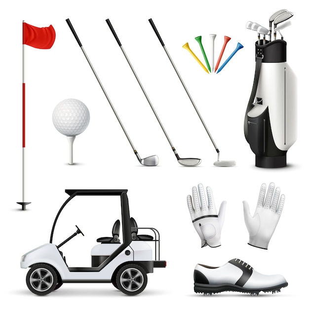 Free Vector | Realistic set of golf equipment and player garment isolated  vector illustration