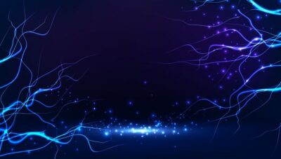 Free Vector | Vector banner illustration lightning of thunder in abstract blue background with neon sparkles and light