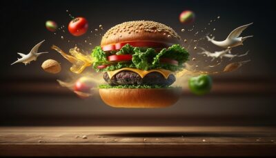 Free Photo | Exploding burger with vegetables and melted cheese on black background generative ai