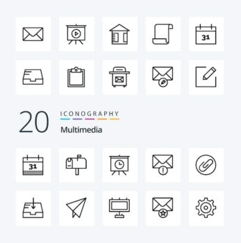 Free Vector | 20 multimedia line icon pack like buffer mail document inbox date