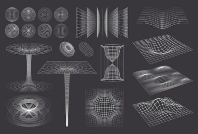 Free Vector | 3d shapes grid set with isolated monochrome images of wireframe spheres curves vortex and cumbersome waves vector illustration