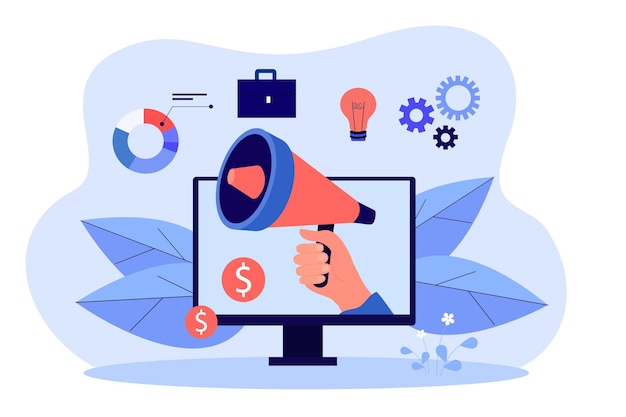 Free Vector | Business data analysis and hand holding megaphone. computer screen, smart marketing, digital payment flat vector illustration. internet, communication concept for banner or landing web page