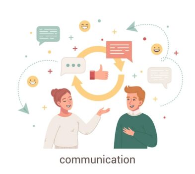 Free Vector | Communication cartoon design concept with social networks signs and young pare talking to each other flat vector illustration
