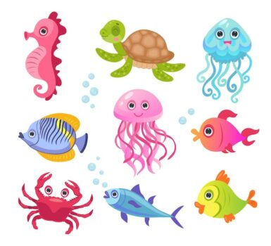 Free Vector | Ocean or sea creature characters illustrations set. cute funny underwater animals, fishes, crab, turtle, jellyfishes, seahorse for kids isolated on white