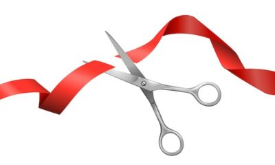 Free Vector | Realistic presentational composition consisting from metallic scissors cutting flying red silk ribbon on white background vector illustration