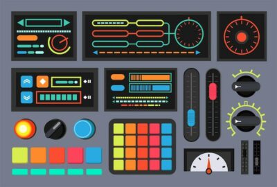 Free Vector | Switches and buttons on control panel vector illustrations set. retro control console or terminal elements, dials and knobs on dashboard, system monitor or display. technology, equipment concept