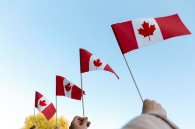Free Photo | Hands holding canadian flags against sky