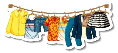 Free Vector | A sticker template of clothes racks with many clothes on hangers on white background