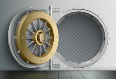 Free Vector | Bank vault realistic composition with view of safe storage entrance with massive circle shaped locking door