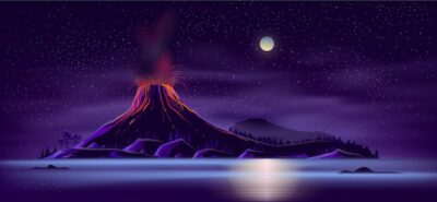 Free Vector | Deserted island with active volcano cartoon