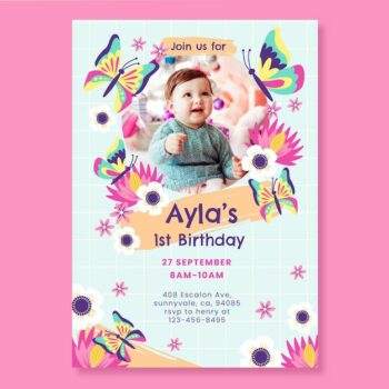 Free Vector | Flat butterfly birthday invitation template with photo