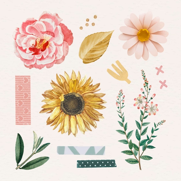 Free Vector | Rose and sunflower stickers pack