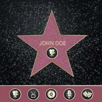 Free Vector | Walk of fame realistic set with circle pictograms and star with editable name of famous person