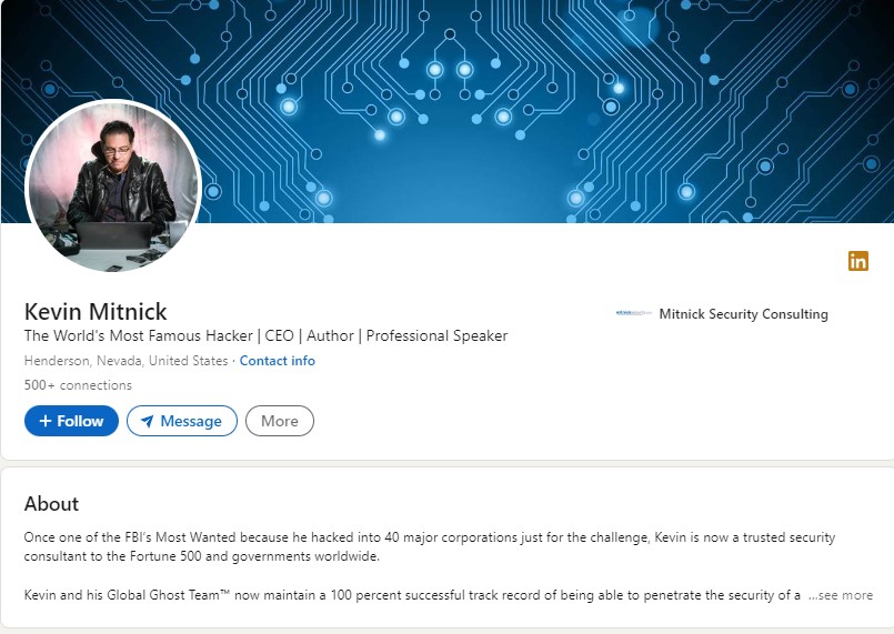 An image of Kevin Mitnick LinkedIn Profile
