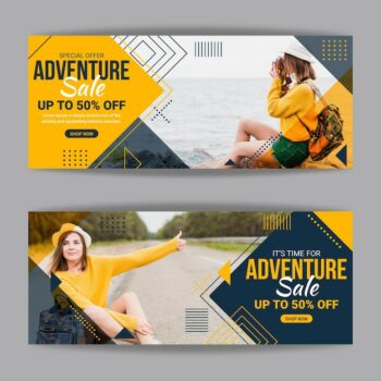 Free Vector | Flat horizontal adventure banners set with photo