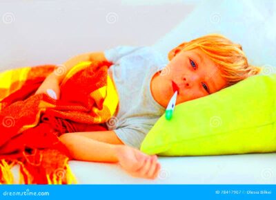 Sick Kid with Runny Nose and Fever Heat Lying on Couch at Home Stock