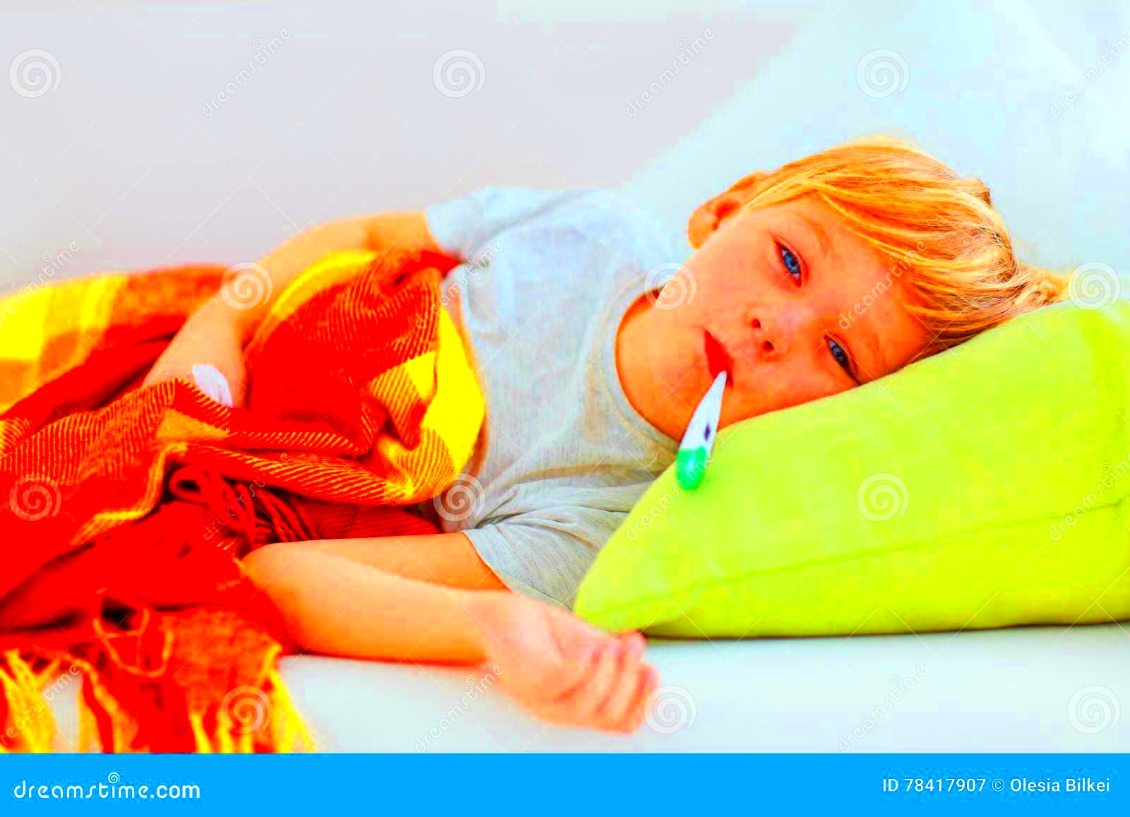 Sick Kid with Runny Nose and Fever Heat Lying on Couch at Home Stock