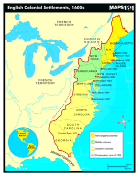 Colonial Wall Map  English Settlements 1600s  Mapscomcom