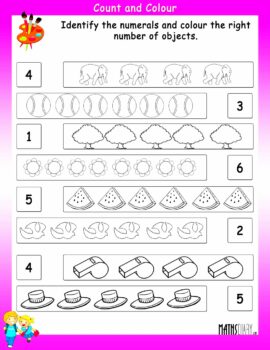 Identify the number and color the images  Math Worksheets  MathsDiarycom