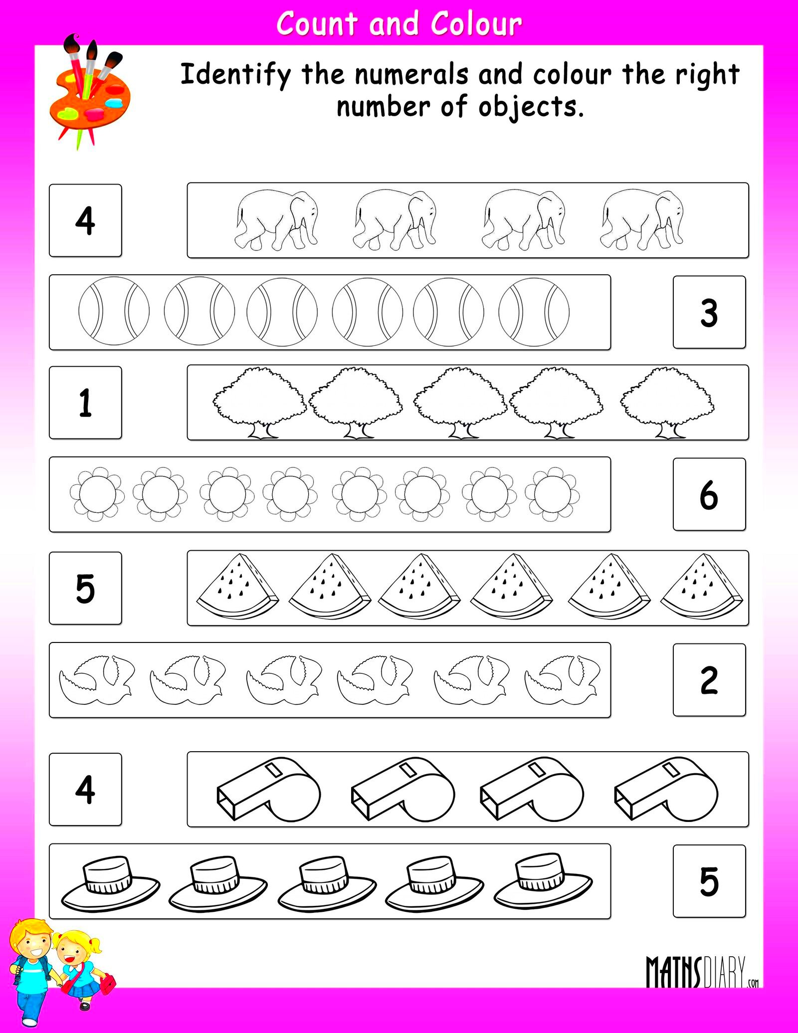 Identify the number and color the images  Math Worksheets  MathsDiarycom